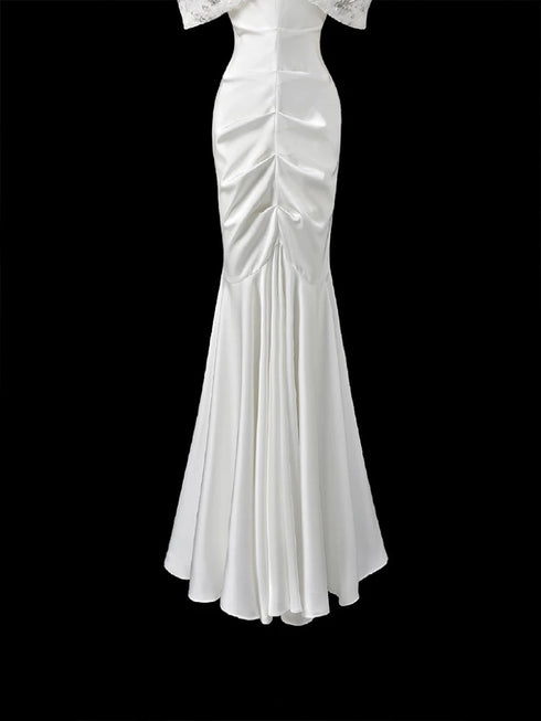 White Off Shoulder Wedding Dress - Satin Evening Dress with Lace - Mermaid Style Evening Gown Plus Size